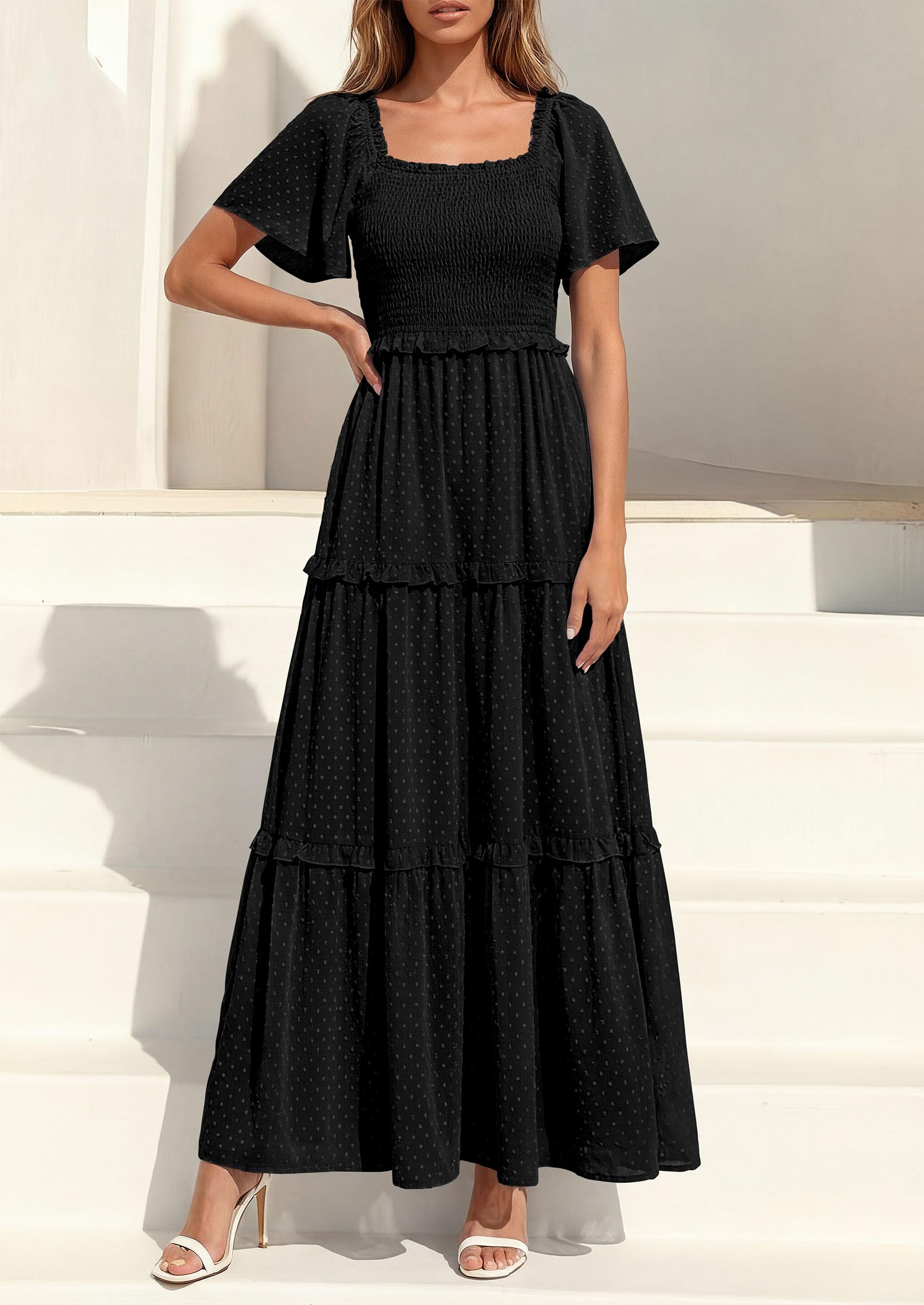 PRETTYGARDEN Summer Dresses for Women Boho Swiss Dot Smocked Square Neck Short Sleeve Spring Wedding Guest Maxi Dress PRETTYGARDEN