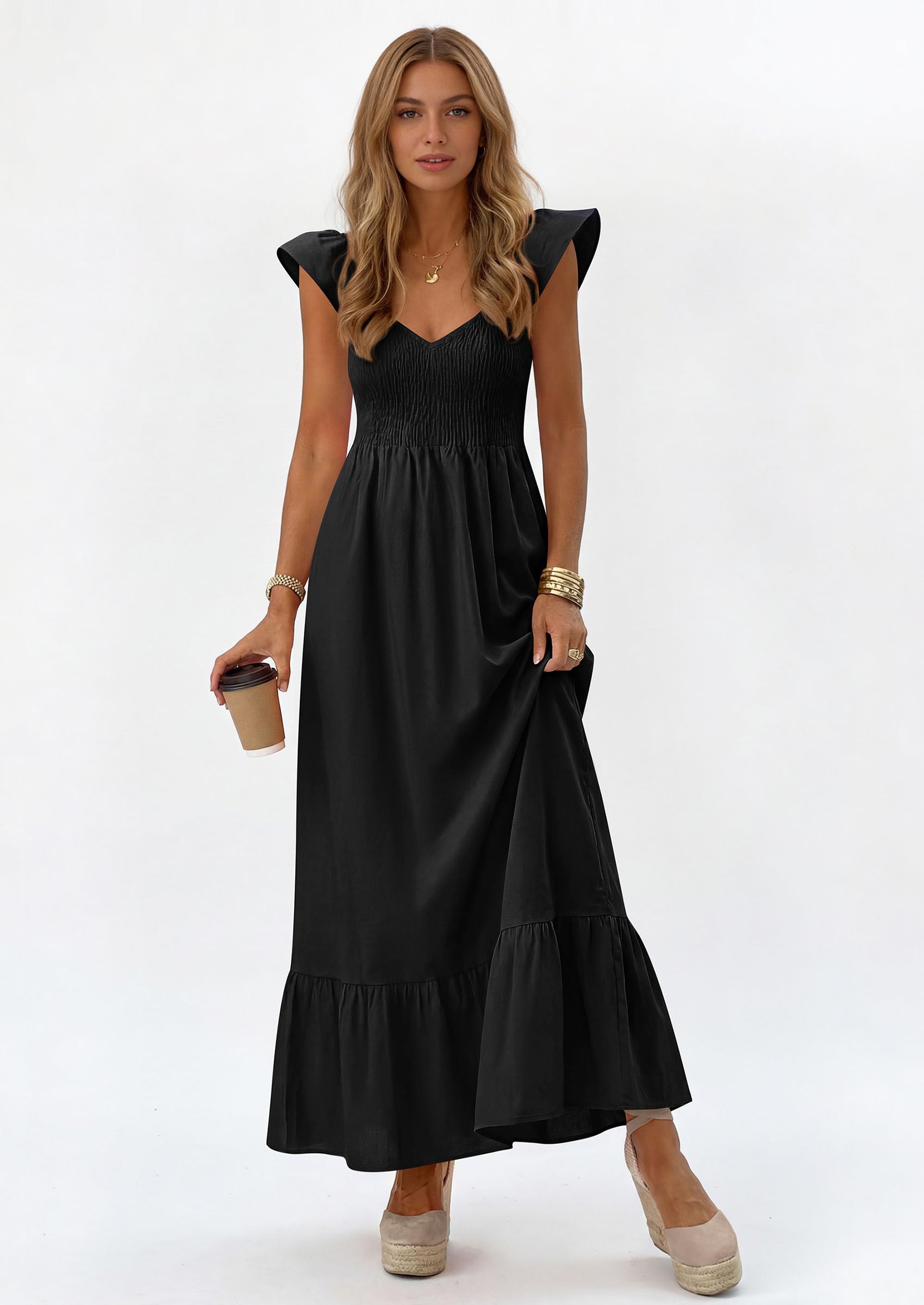 PRETTYGARDEN Women's Summer Casual Maxi Dresses Cap Sleeve V Neck Smocked Long Pockets Party Sundress Vacation Outfits PRETTYGARDEN