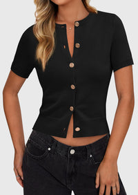 PRETTYGARDEN Womens Casual Summer Short Sleeve Cardigans Button Down Knitted Sweater Basic Crew Neck Crop Tops