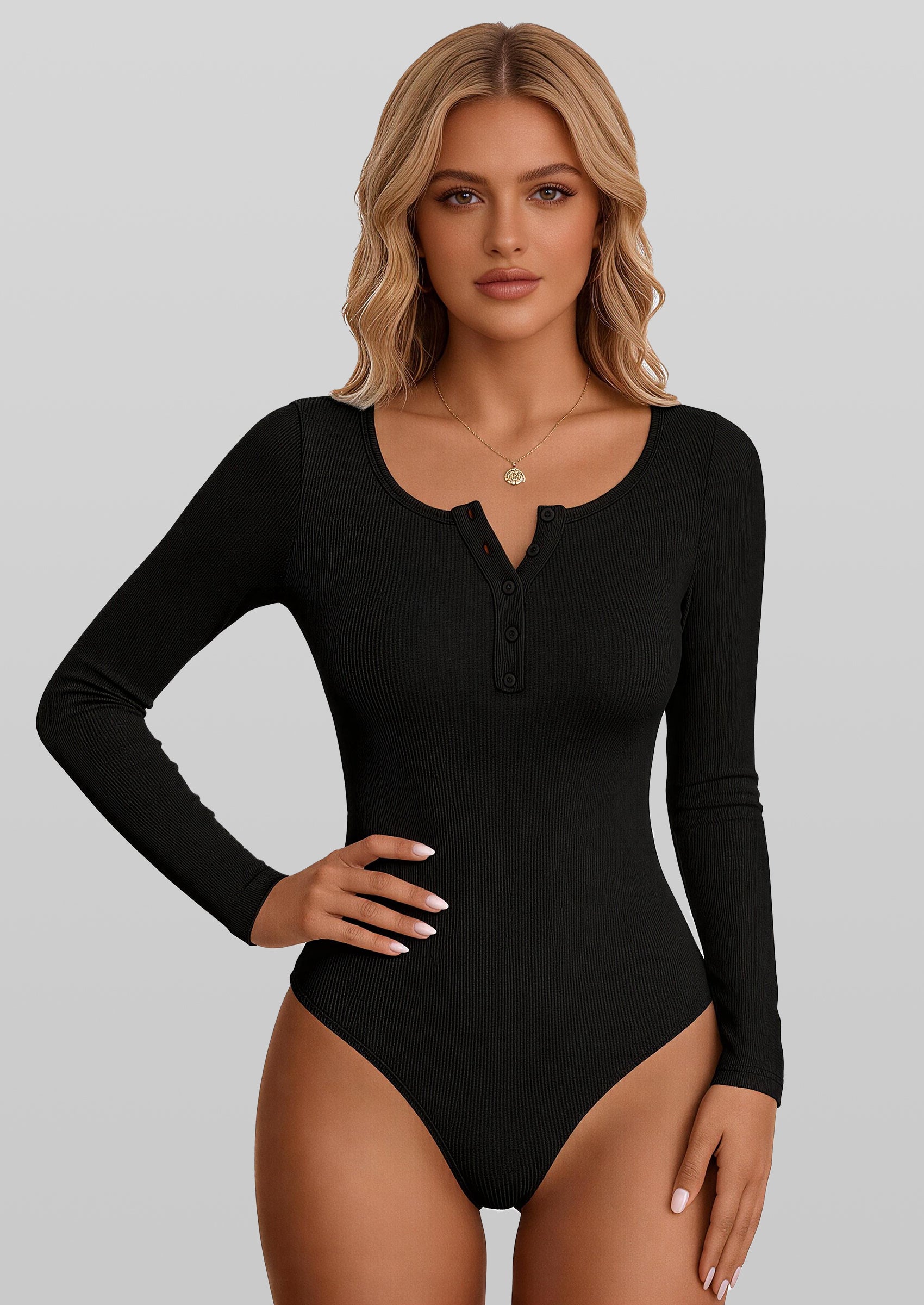 PRETTYGARDEN Long Sleeve Bodysuits for Women Ribbed Knit Henley Button Up Slim Fitted Basic Tops Winter Fashion Clothing