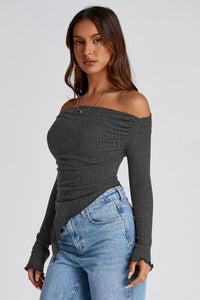 Long Sleeve Y2K Crop Top Trendy Off Shoulder Asymmetrical Fitted Knit Tee Shirts Going Out Tops