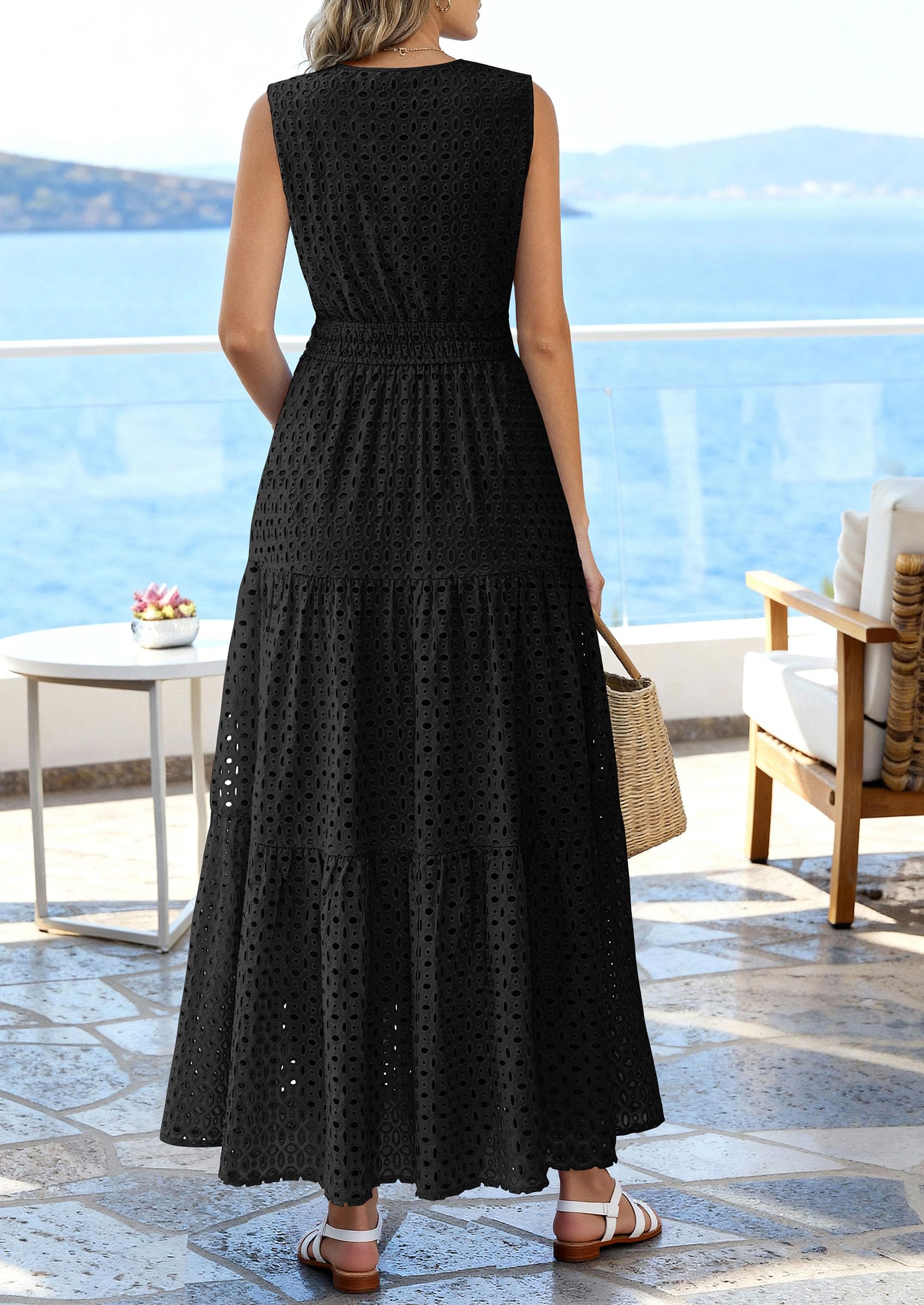 PRETTYGARDEN Summer Dresses for Women Sundresses Sleeveless V Neck Eyelet A Line Flowy Beach Vacation Spring Maxi Dress PRETTYGARDEN