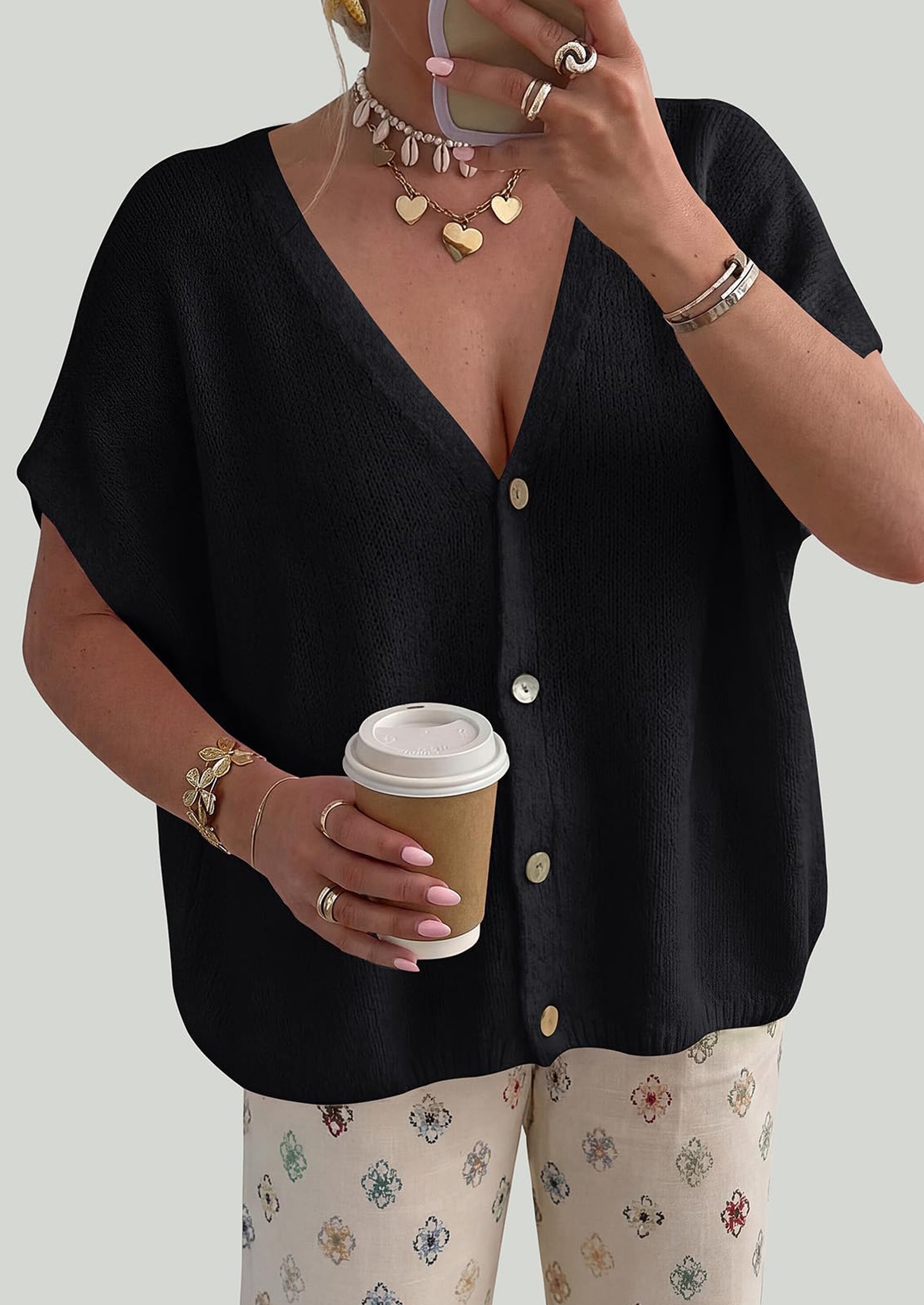 PRETTYGARDEN Batwing Short Sleeve Summer Cardigan Sweaters for Women Lightweight V Neck Button Oversized Sweater Tops PRETTYGARDEN