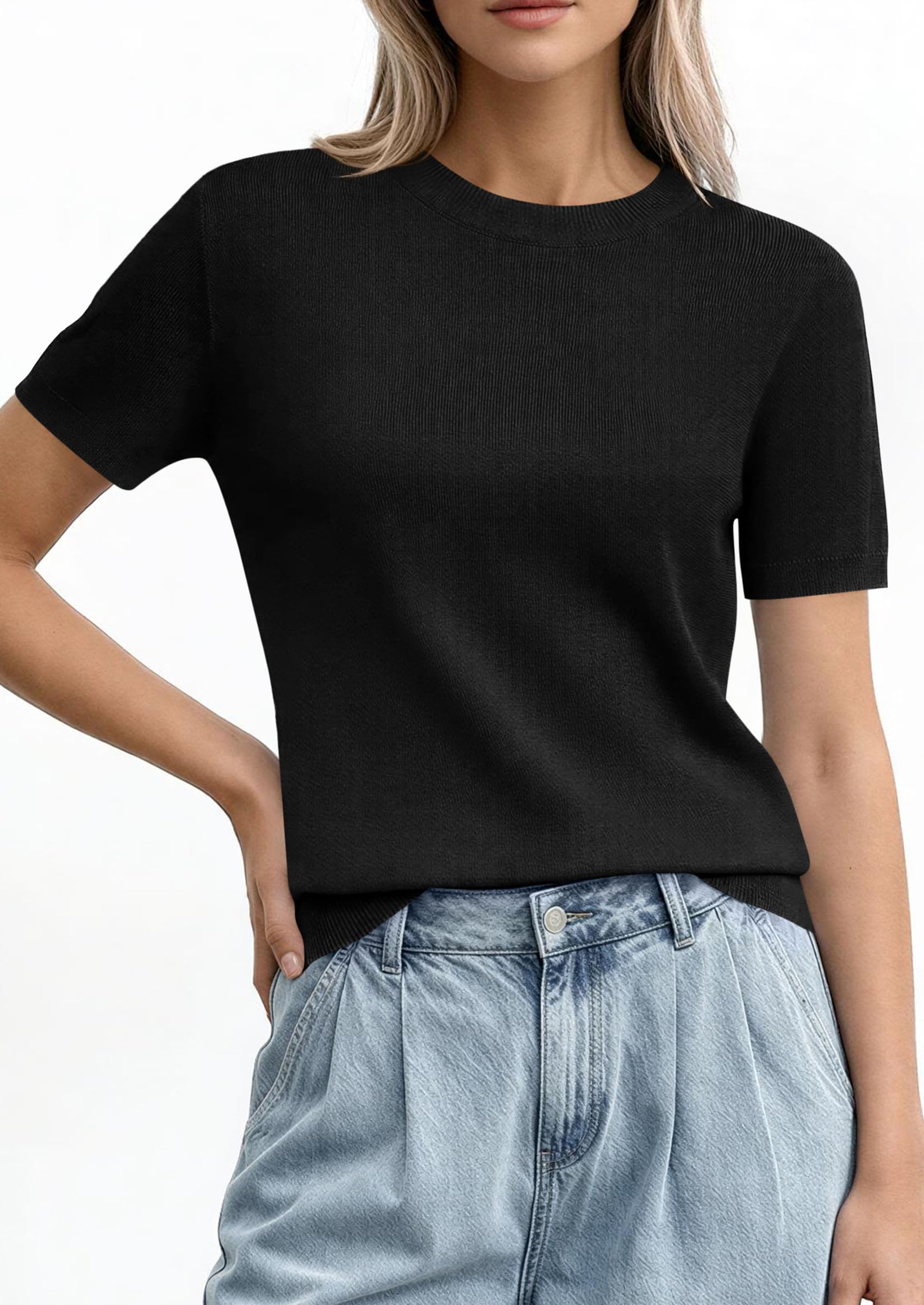 PRETTYGARDEN Women's Short Sleeve Sweaters Spring Crew Neck Knit Work Shirts Business Casual Tops Summer Fashion Clothes PRETTYGARDEN