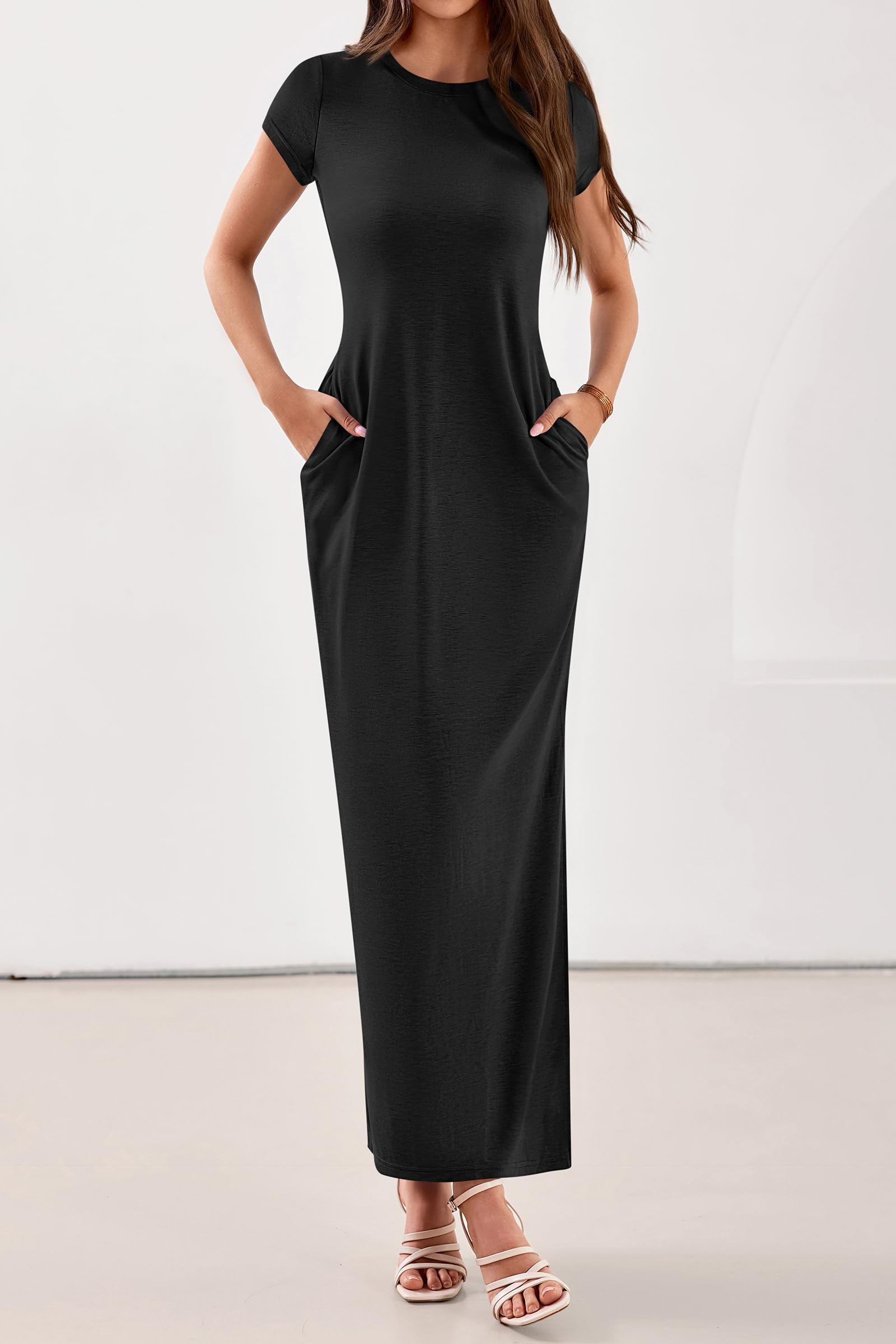 PRETTYGARDEN Womens Summer Maxi Dresses Casual Short Sleeve Crewneck Knit Slit T Shirt Dress Spring Long Beach Sundress PRETTYGARDEN