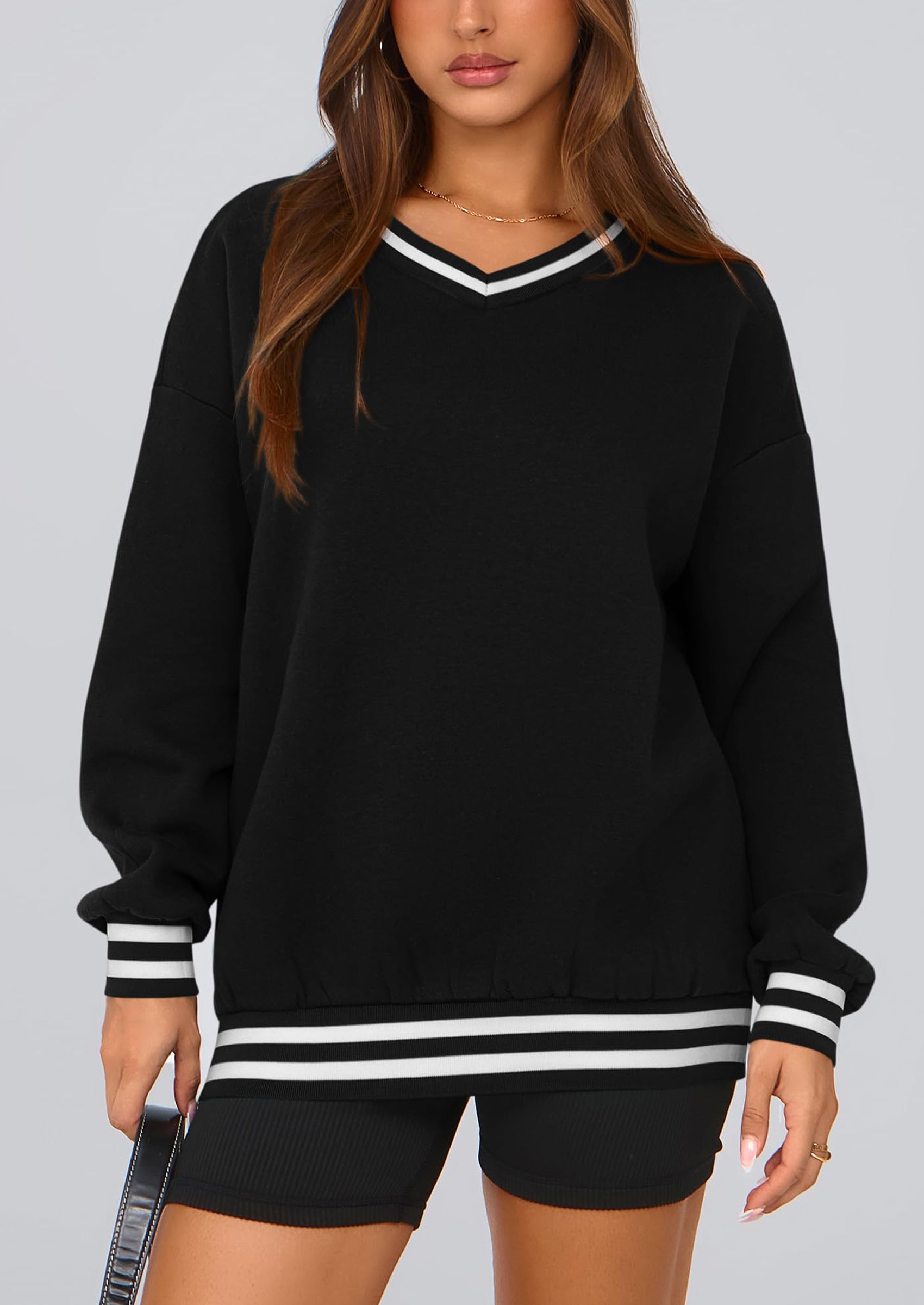 PRETTYGARDEN Women's Oversized Sweatshirts Casual Long Sleeve Stripes Knit V Neck Pullover Top Fall Teens Preppy Clothes