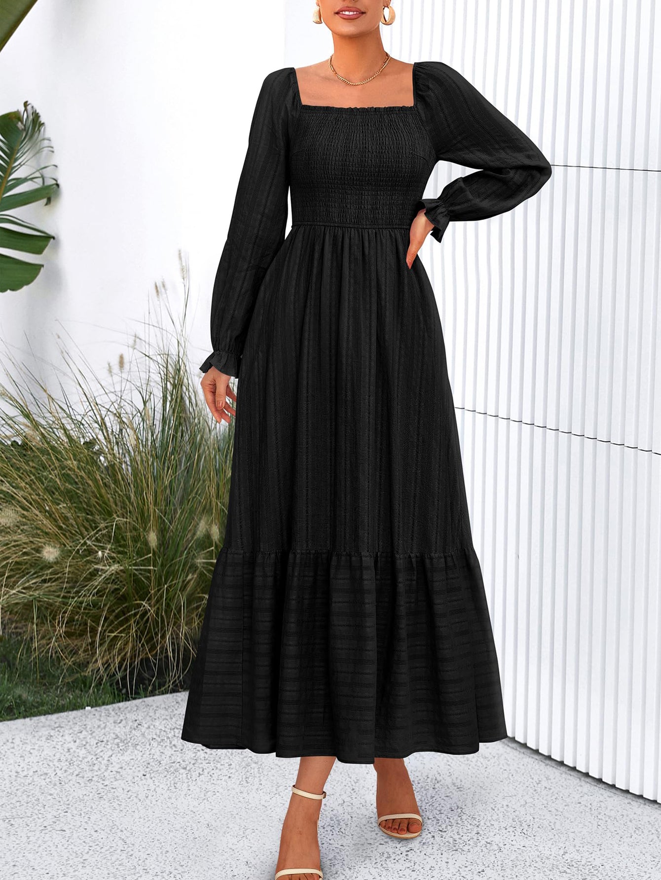 BTFBM Women Maxi Fall Dresses Long Sleeve Solid Color Square Neck Smocked Boho Long Wedding Guest Dress