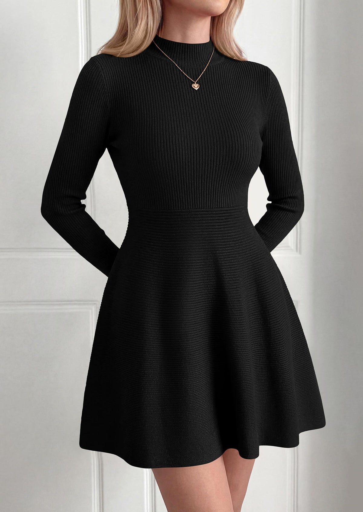 PRETTYGARDEN Womens Mock Neck Long Sleeve Sweater Mini Dress | Soft Ribbed Knit Flared A‑Line, Elegant Fall Winter Dresses for Wedding Guest, Cocktail & Holiday Party Casual Outfits