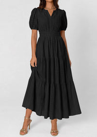 PRETTYGARDEN Womens Summer Maxi Dresses Casual Puff Sleeve V Neck Smocked Flowy Eyelet Cotton Dress Spring Sundress PRETTYGARDEN