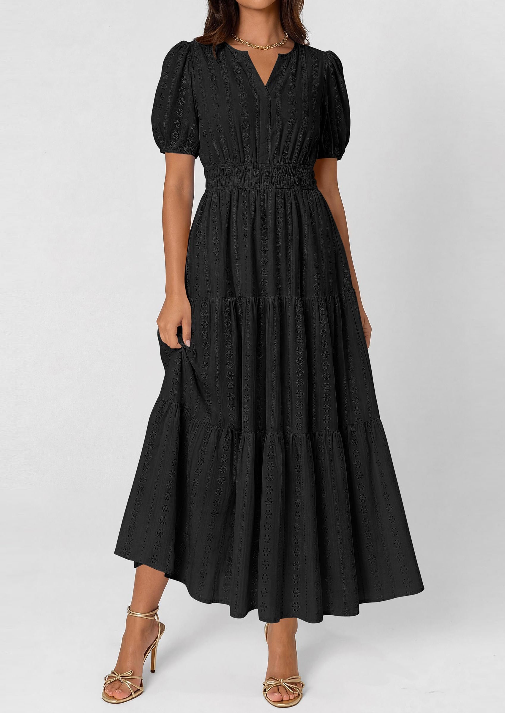 PRETTYGARDEN Womens Summer Maxi Dresses Casual Puff Sleeve V Neck Smocked Flowy Eyelet Cotton Dress Spring Sundress PRETTYGARDEN