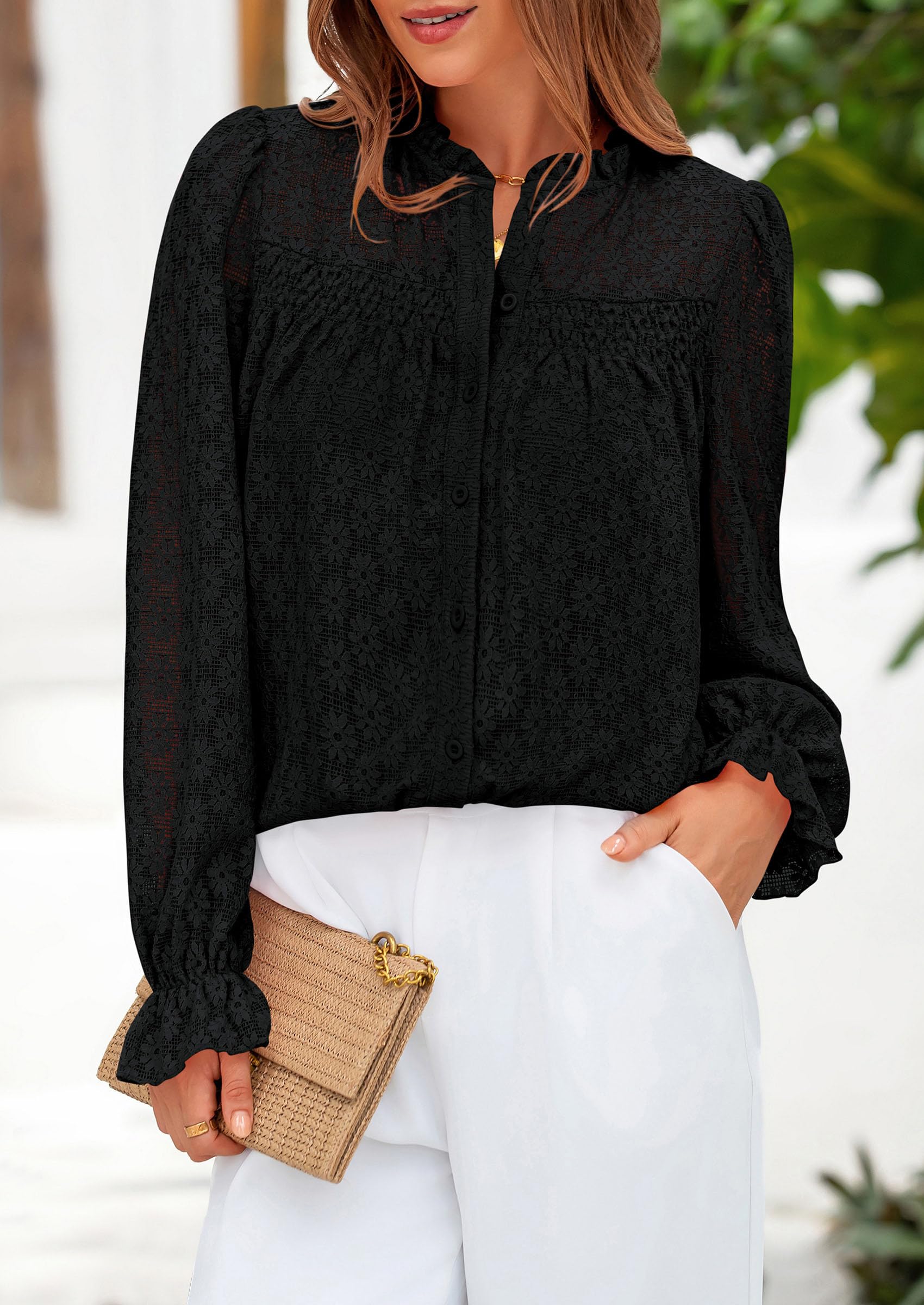 PRETTYGARDEN Lace Long Sleeve Tops for Women Eyelet Blouses Dressy Casual Hollow Out Button Down Shirts Summer Outfits