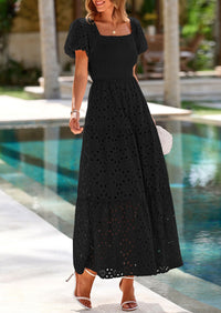 PRETTYGARDEN Dresses for Women Eyelet Square Neck Puff Sleeve Smocked Wedding Guest Maxi Dress with Pockets