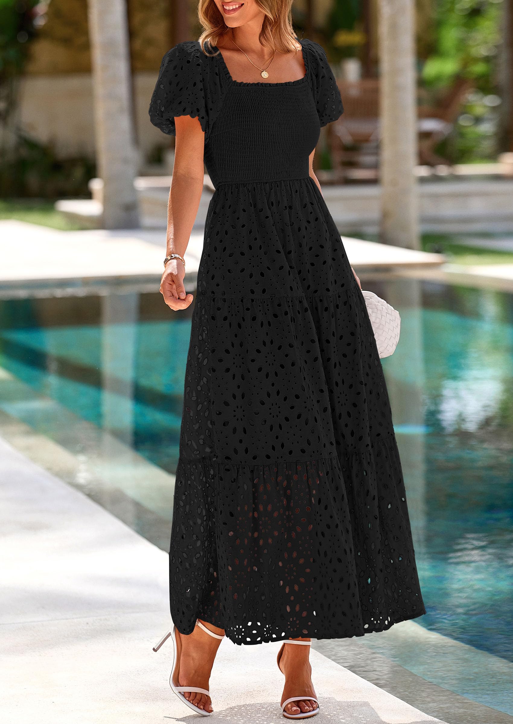 PRETTYGARDEN Dresses for Women Eyelet Square Neck Puff Sleeve Smocked Wedding Guest Maxi Dress with Pockets