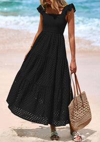 PRETTYGARDEN Womens Square Neck Maxi Dresses Cap Sleeve Eyelet Smocked Tiered A Line Flowy Long Dress with Pockets