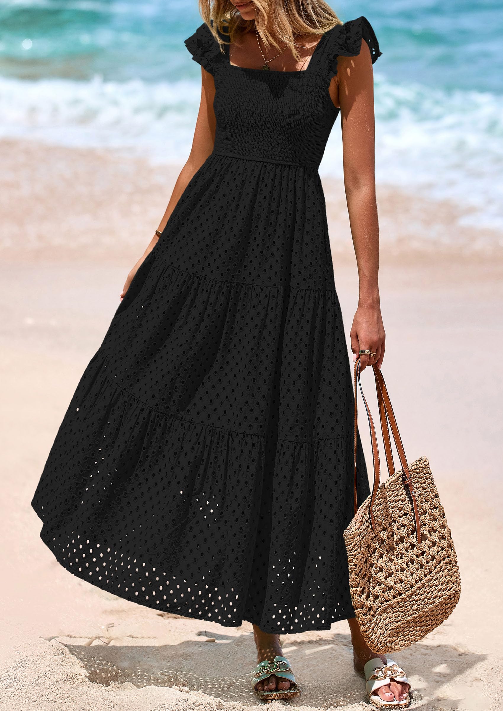 PRETTYGARDEN Womens Square Neck Maxi Dresses Cap Sleeve Eyelet Smocked Tiered A Line Flowy Long Dress with Pockets