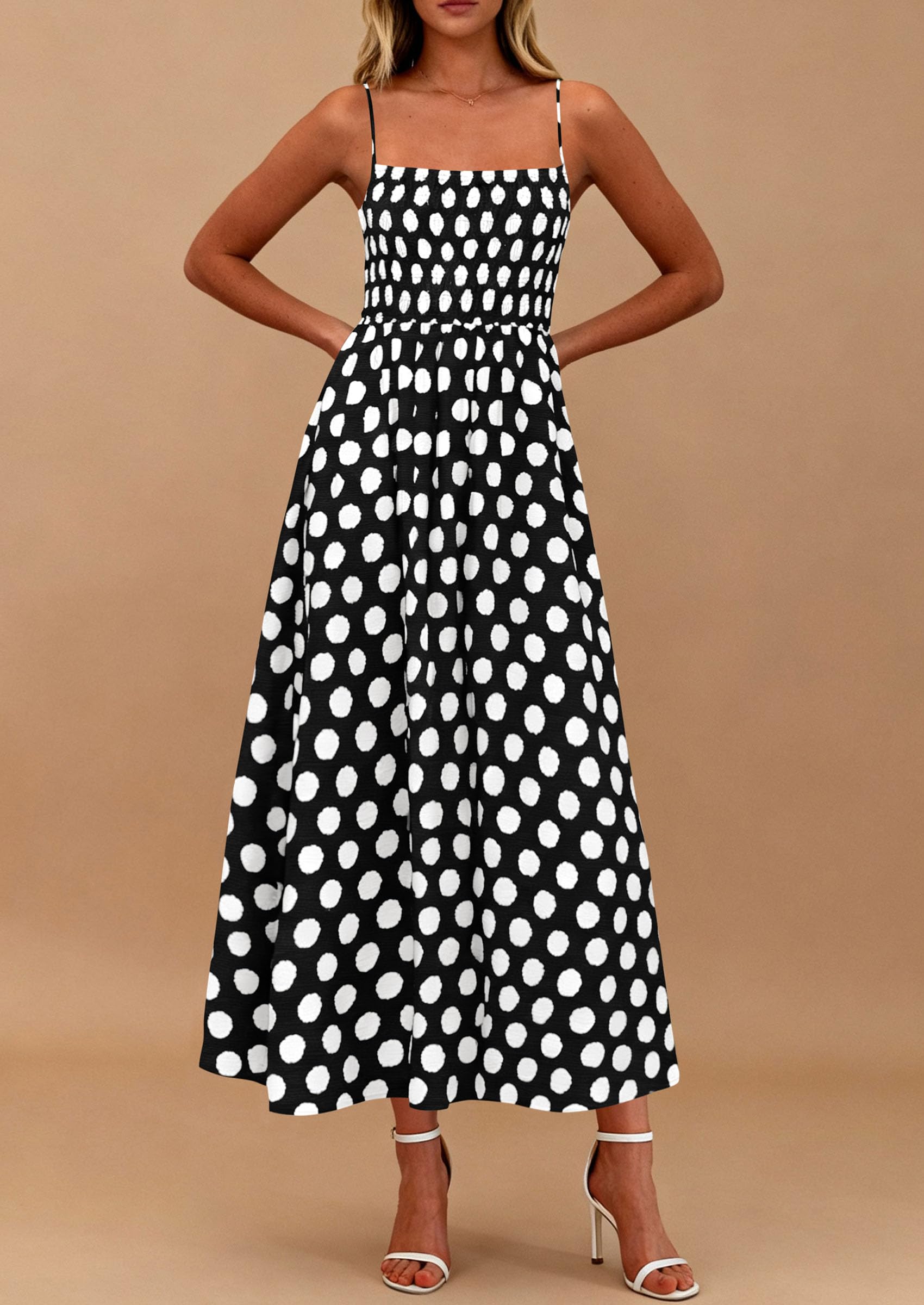 PRETTYGARDEN Womens Summer Dresses Spring Sleeveless Spaghetti Straps Casual Midi Dress Polka Dot Smocked Beach Sundress PRETTYGARDEN