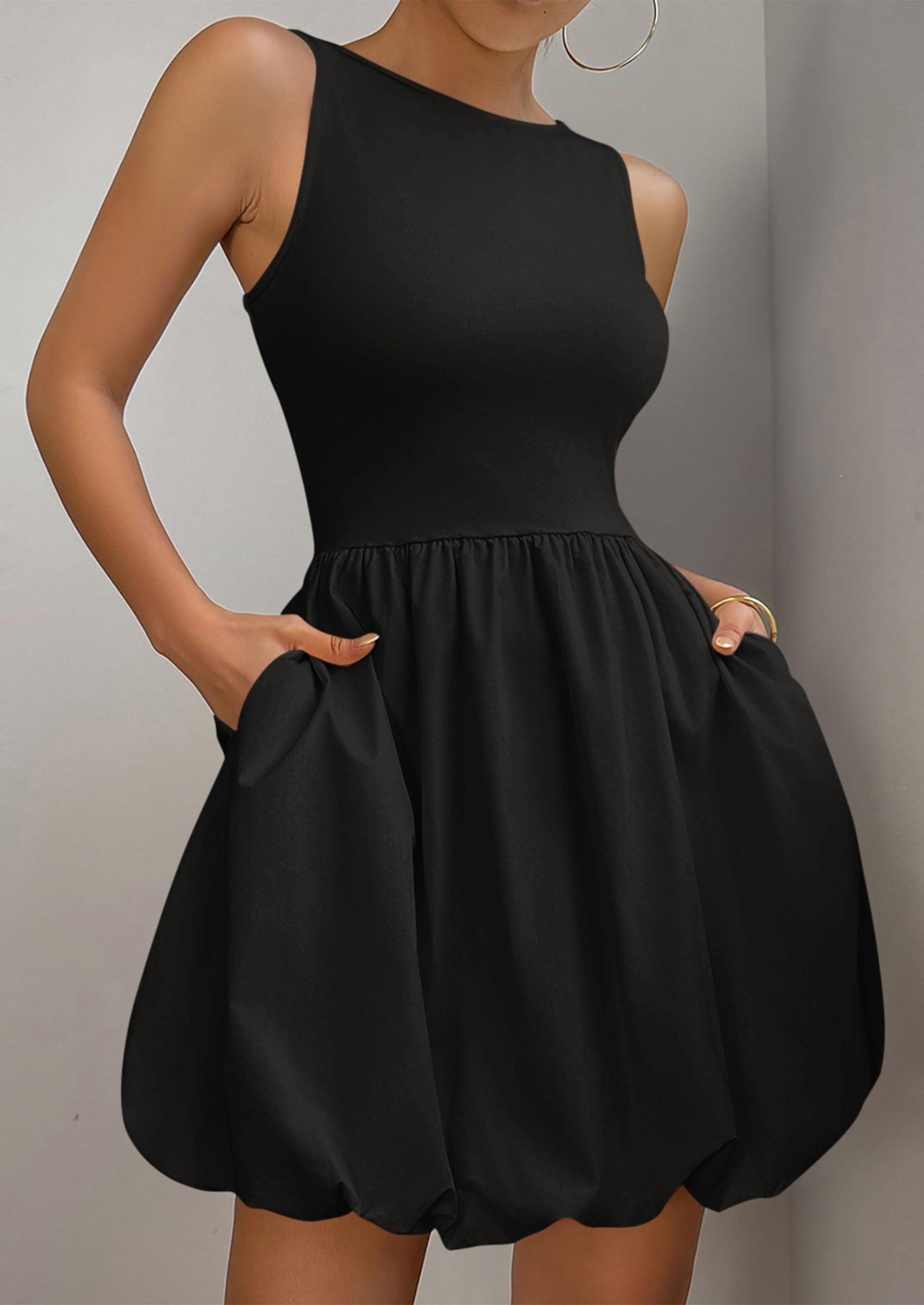 PRETTYGARDEN Summer Dresses for Women Casual Sleeveless Tank Mini Short Dress Crew Neck Bubble Sundress with Pockets