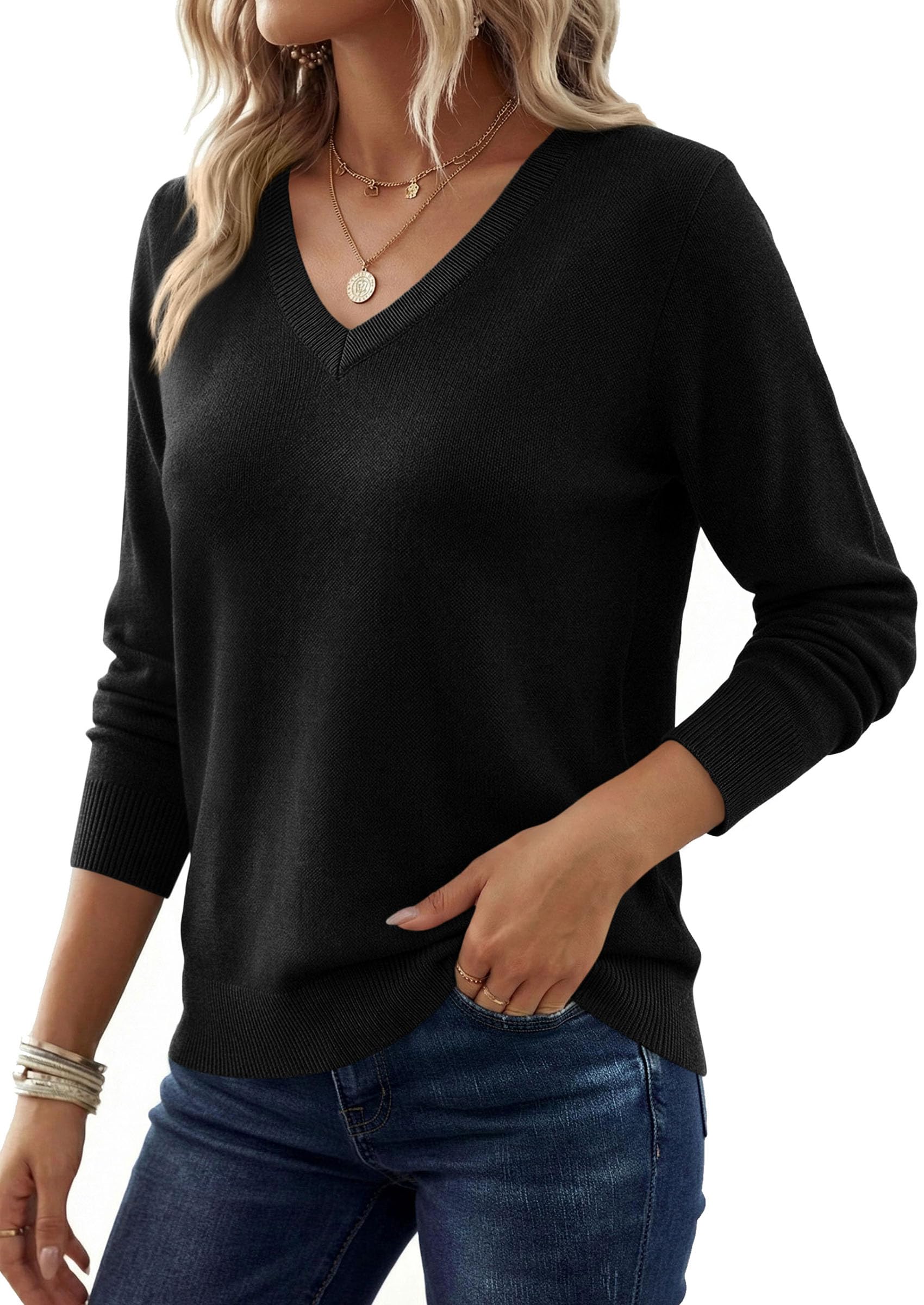PRETTYGARDEN Women's V Neck Sweaters Fall Casual Long Sleeve Classic Pullover Cozy Knit Tops Loose Basic Winter Clothing PRETTYGARDEN