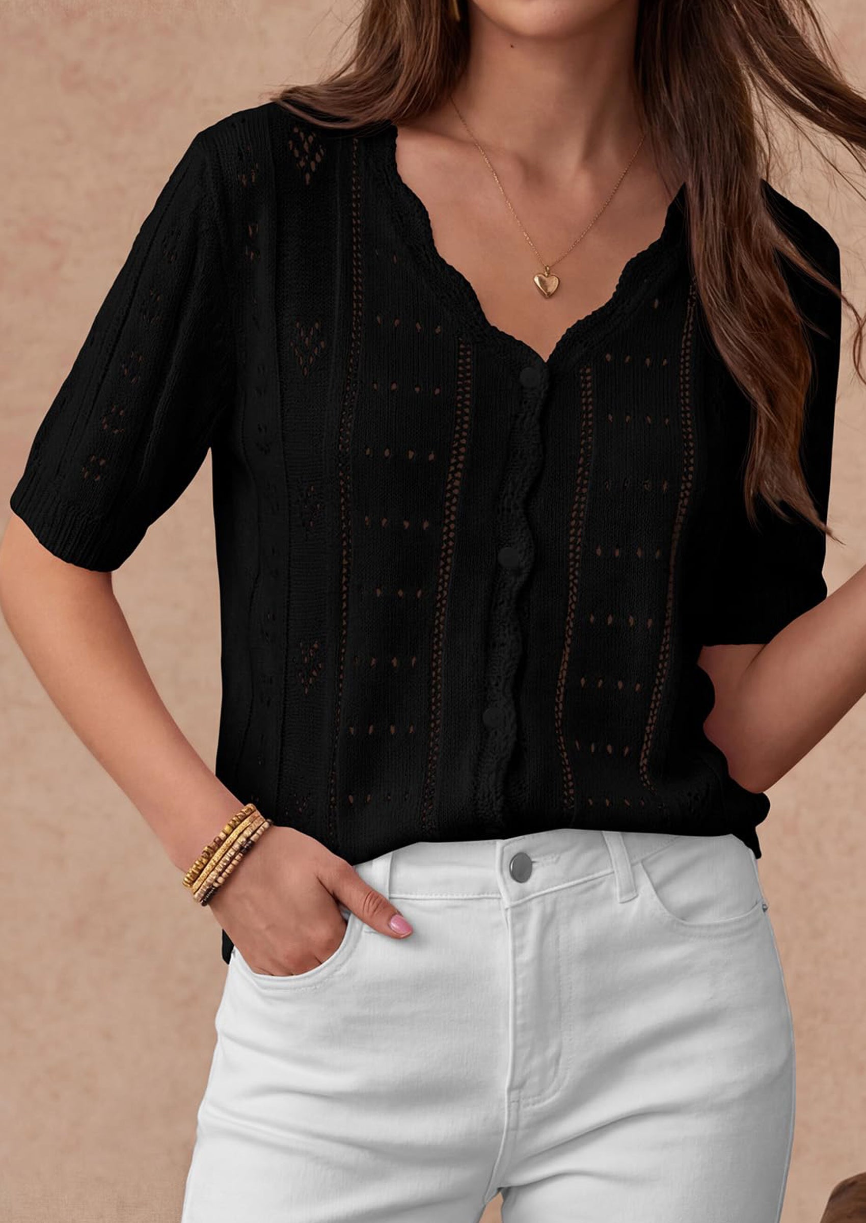 PRETTYGARDEN Womens Short Sleeve Crochet Knit Sweater Spring Fashion Button Down Lightweight Cardigans Summer Tops PRETTYGARDEN