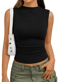 PRETTYGARDEN Tank Top for Women Summer Fashion Clothing Mock Neck Ribbed Knit Slim Fitted Shirts Going Out Tops PRETTYGARDEN