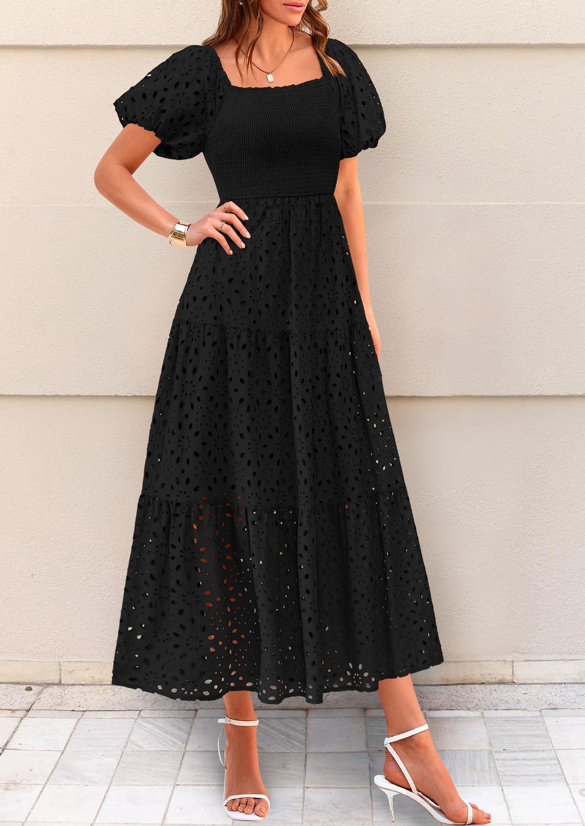 Summer Dresses for Women 2025 Eyelet Square Neck Puff Sleeve Smocked Wedding Guest Maxi Dress with Pockets