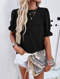 Casual Crew Neck Ruffle Short Sleeve Eyelet Babydoll Blouse