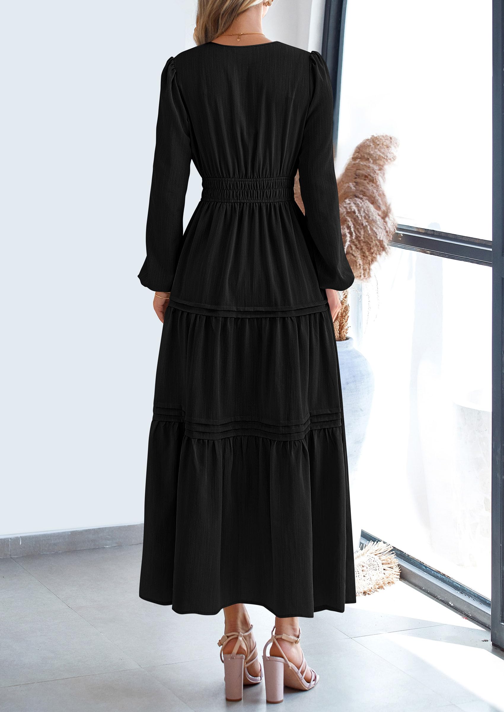 PRETTYGARDEN Women's Elegant Maxi Dresses Long Sleeve V Neck Flowy Pockets Casual Modest Dress Fall Fashion Clothes