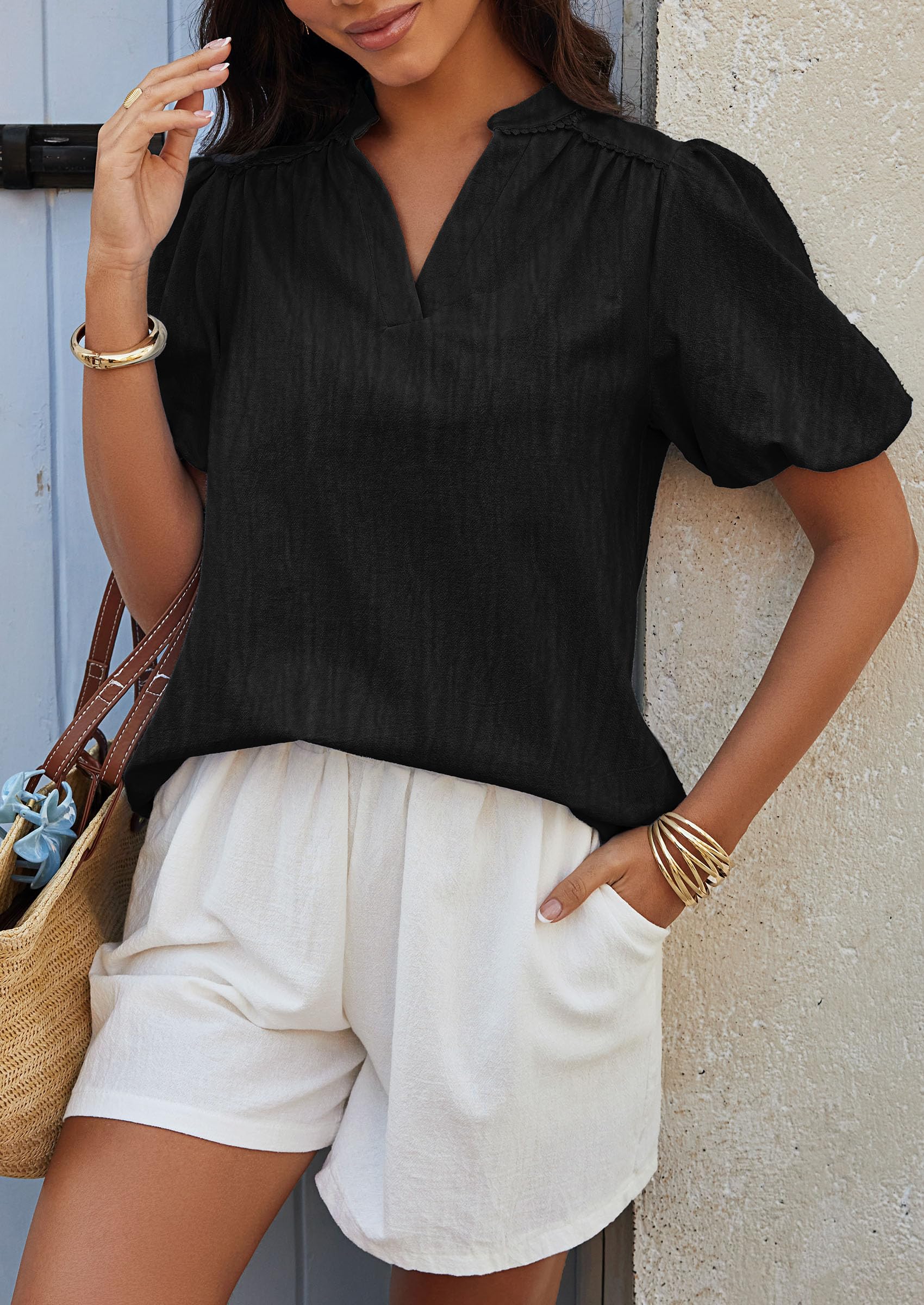 PRETTYGARDEN Womens Casual Summer Tops V Neck Short Puff Sleeve Pleated Cotton T Shirts Loose Dressy Blouses