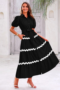 Summer Maxi Button Down Puff Short Sleeve Ruffle Long Flowy Shirt Dresses With Belt