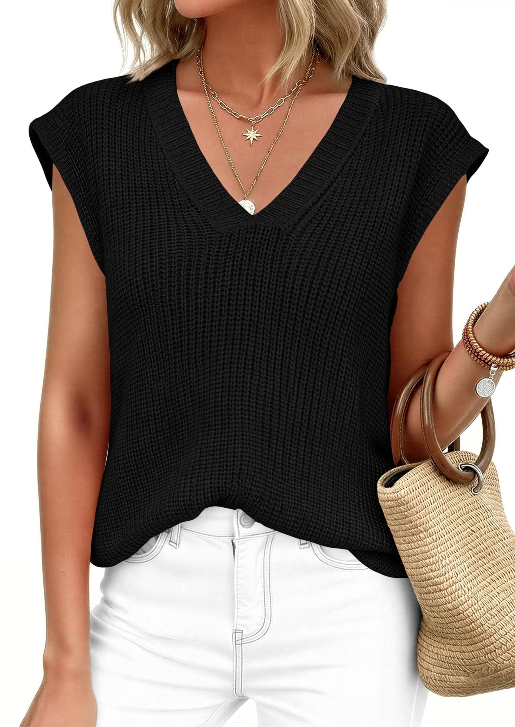 PRETTYGARDEN Women's Lightweight Sweaters Vest Spring Trendy Cap Sleeve V Neck Knit Tank Tops Summer Going Out Outfits PRETTYGARDEN