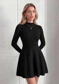 PRETTYGARDEN Womens Mock Neck Long Sleeve Sweater Mini Dress | Soft Ribbed Knit Flared A‑Line, Elegant Fall Winter Dresses for Wedding Guest, Cocktail & Holiday Party Casual Outfits