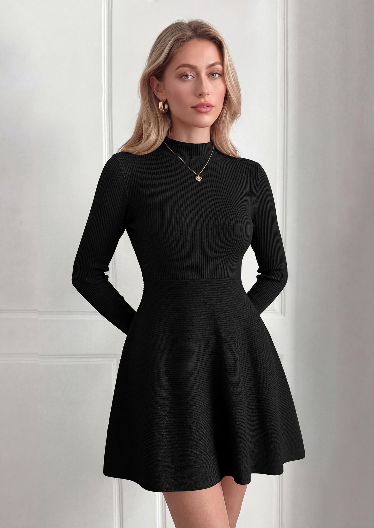 PRETTYGARDEN Womens Mock Neck Long Sleeve Sweater Mini Dress | Soft Ribbed Knit Flared A‑Line, Elegant Fall Winter Dresses for Wedding Guest, Cocktail & Holiday Party Casual Outfits