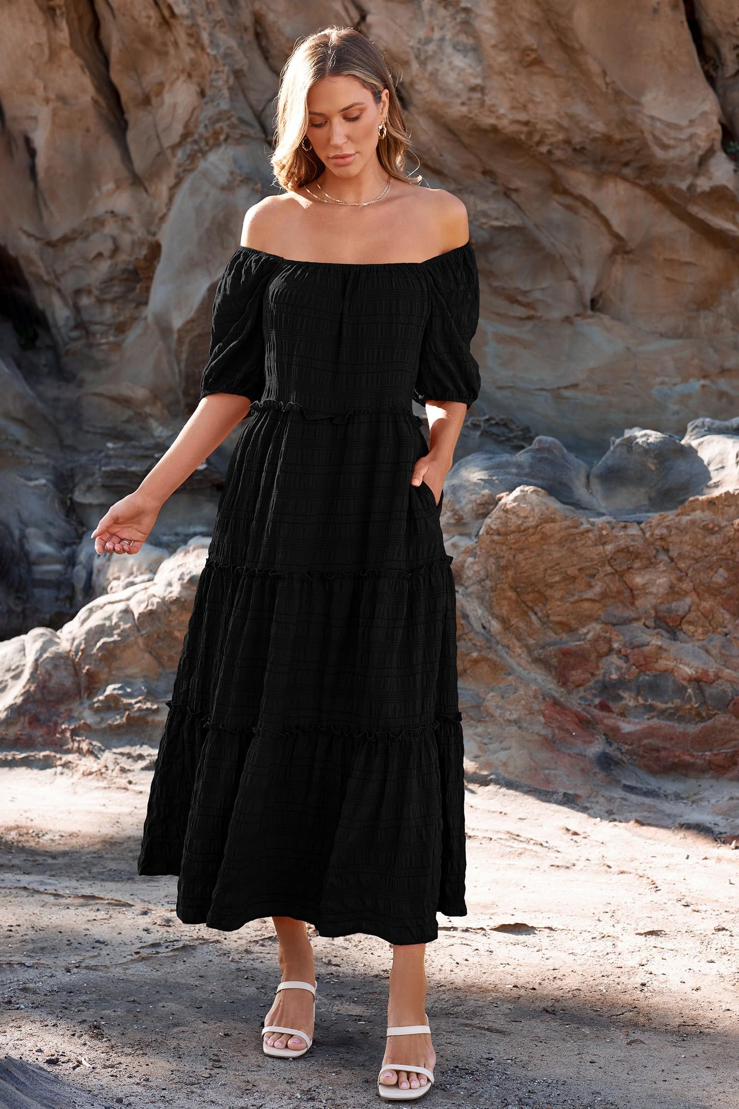 Casual Maxi Dresses Summer Short Sleeve Off The Shoulder Ruffle Tiered Flowy Boho Party Beach Long Dress