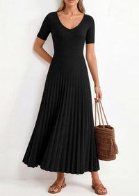 PRETTYGARDEN Women's Spring Midi Sweater Dresses Elegant Pleated Ribbed Knit Short Sleeve V Neck A Line Summer Outfits PRETTYGARDEN