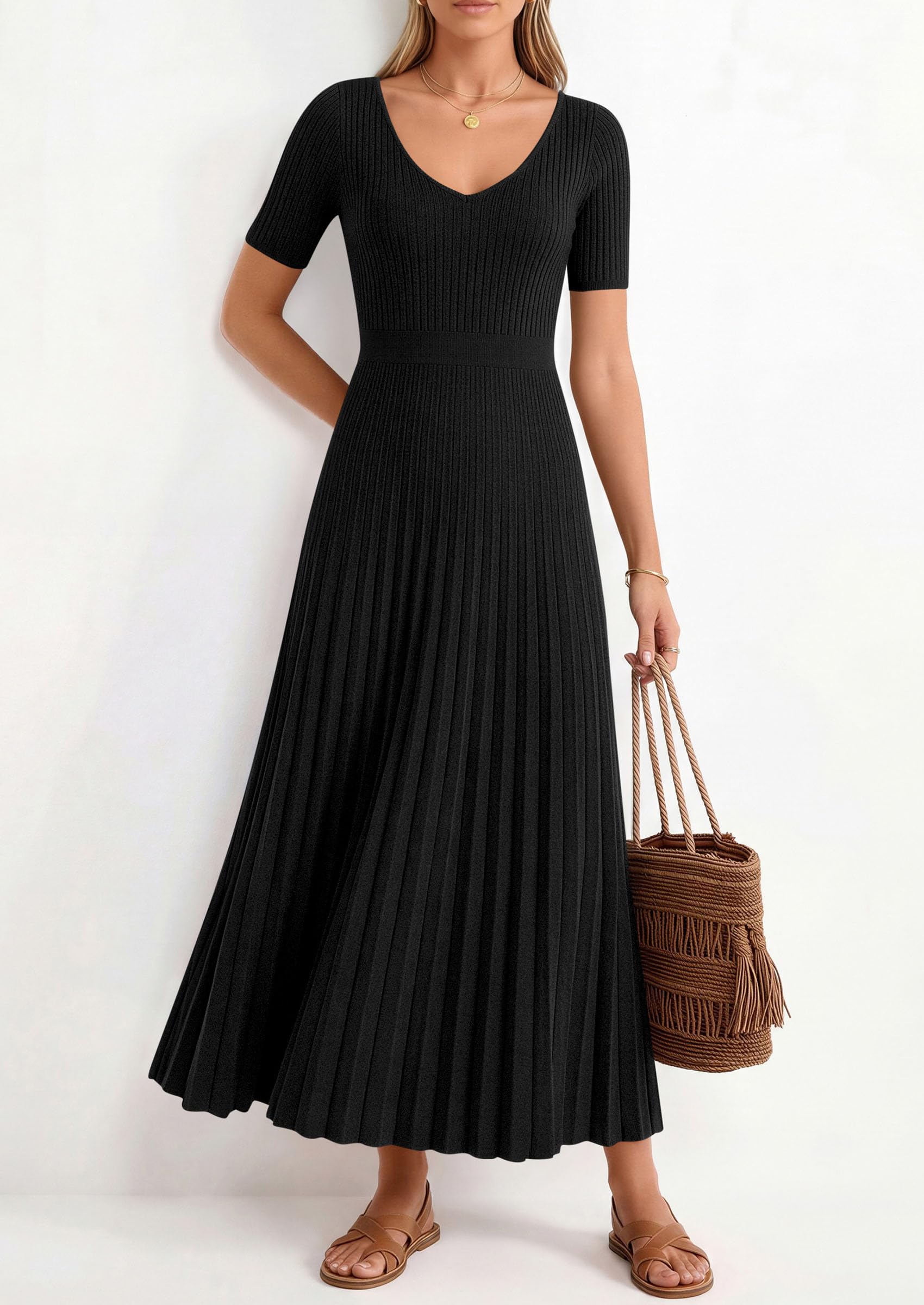 PRETTYGARDEN Women's Spring Midi Sweater Dresses Elegant Pleated Ribbed Knit Short Sleeve V Neck A Line Summer Outfits PRETTYGARDEN