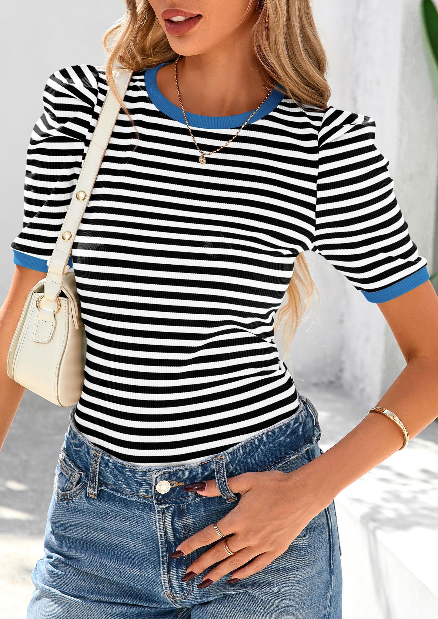 Women's Summer Puff Sleeve Tops Casual Ribbed Knit Color Block T Shirts Trendy Striped Pullover Tops