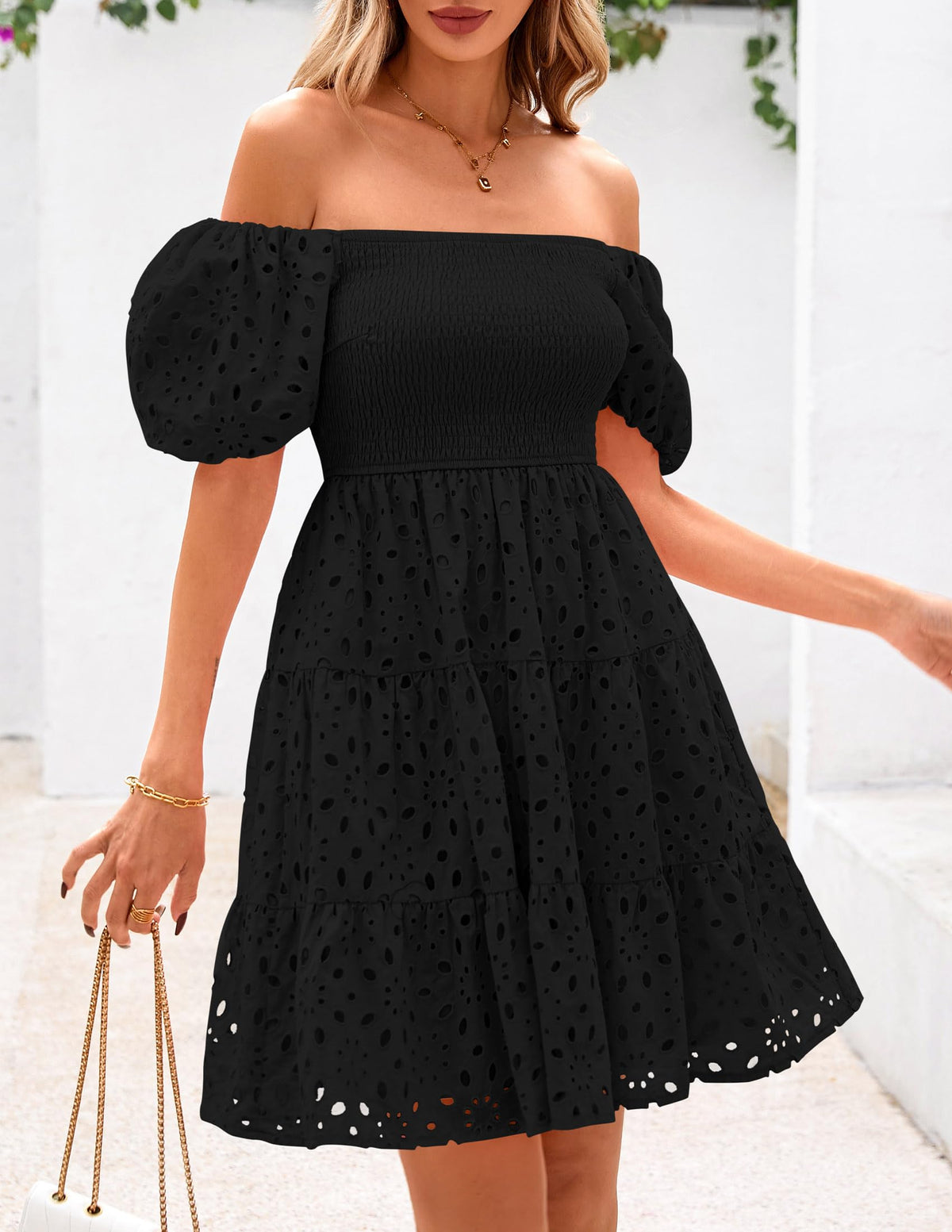 Womens Summer Puff Sleeve Mini Dress Off Shoulder Eyelet Smocked A Line Casual Babydoll Short Dresses