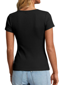 PRETTYGARDEN Womens Summer Short Sleeve Tops 2026 Spring Casual V Neck Henley Button Up T Shirts Dressy Ribbed Knit Blouses PRETTYGARDEN