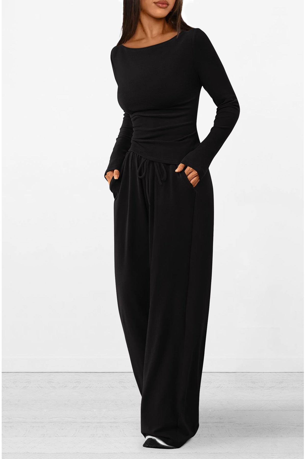 2 Piece Lounge Sets Asymmetrical Long Sleeve T Shirt Wide Leg Pants Casual Outfits Tracksuit