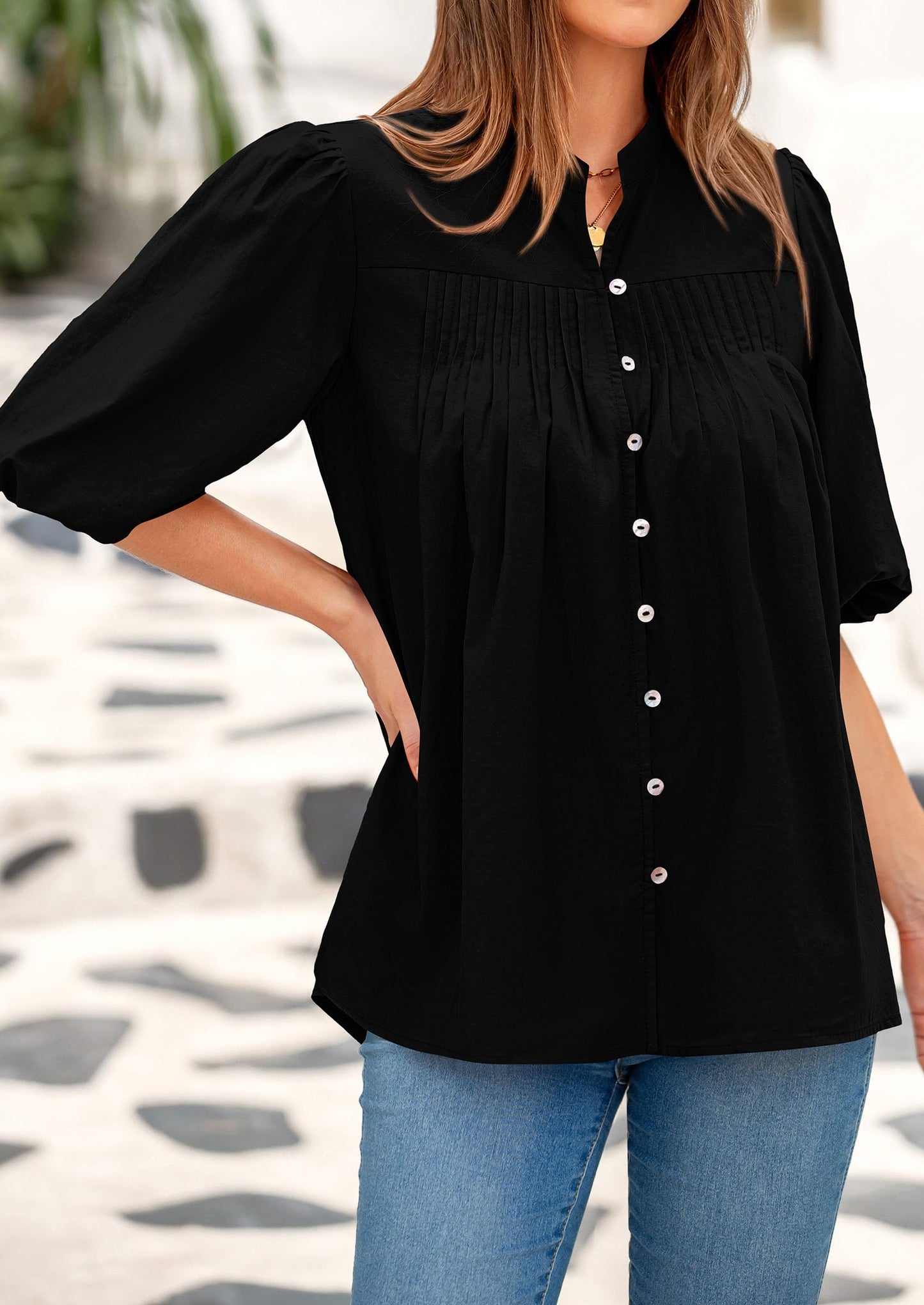 Women's 2025 Summer Short Lantern Sleeve Tops Loose Fit Button Down Shirt Casual Pleated V Neck Blouses