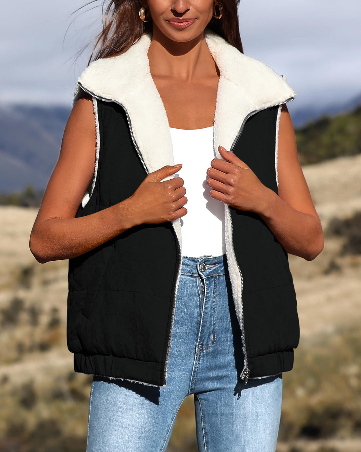 Sherpa Fleece Vest Zip Up Sleeveless Reversible Winter Warm Puffer Jacket Outerwear