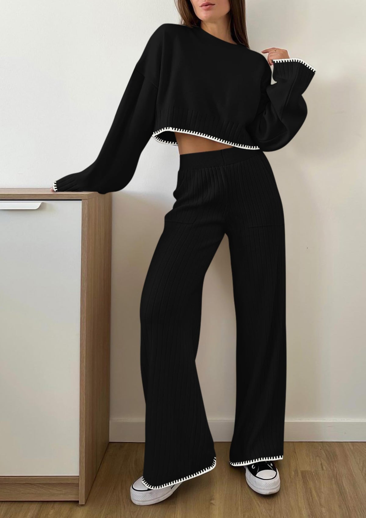 2 Piece Fall Outfits Long Sleeve Crop Top Wide Leg Pants Knit Pullover Sweater Lounge Set