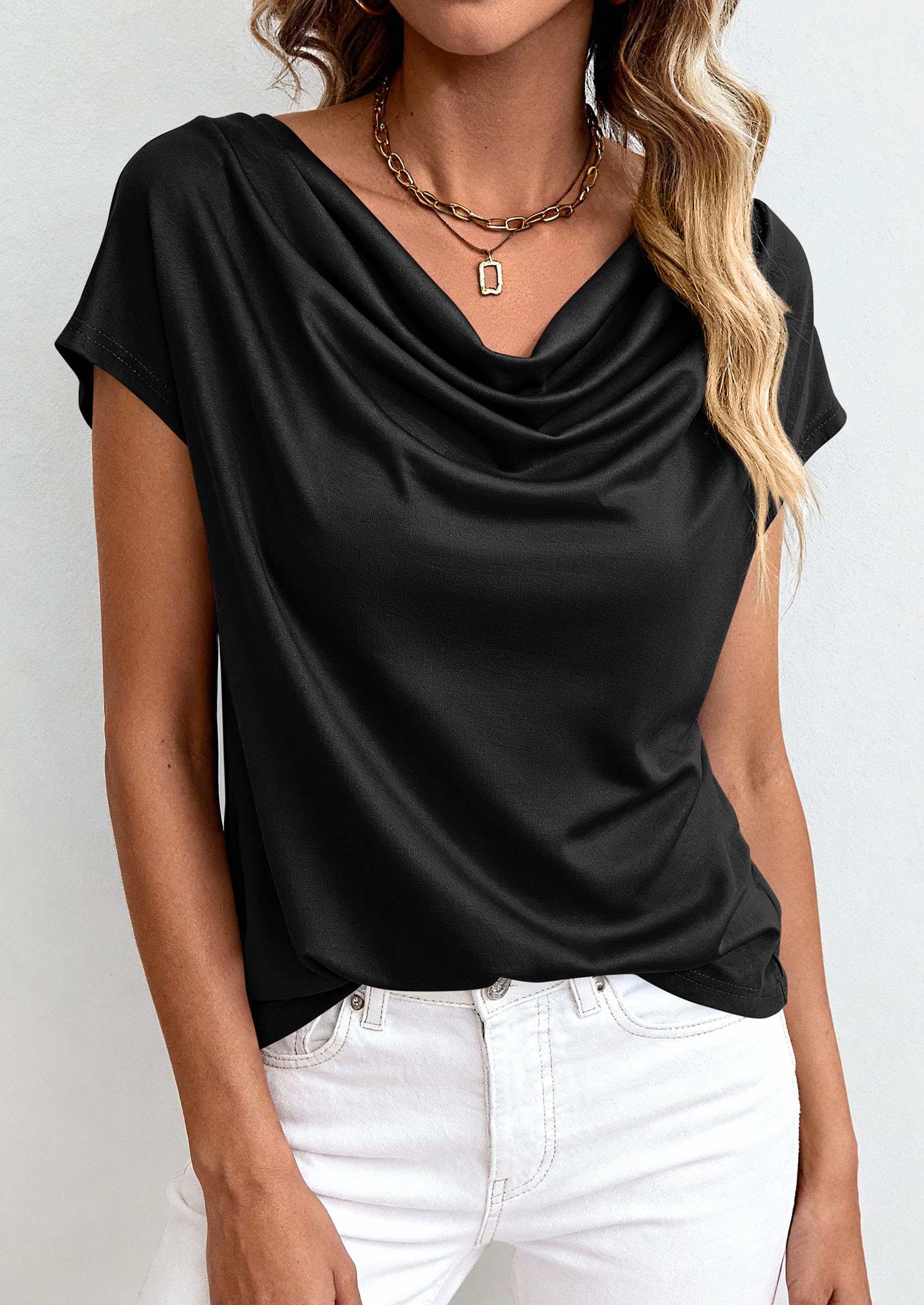 PRETTYGARDEN Blouses for Women Dressy Casual 2026 Summer Cowl Neck Short Sleeve Tops Spring Work Office Teacher Shirts PRETTYGARDEN