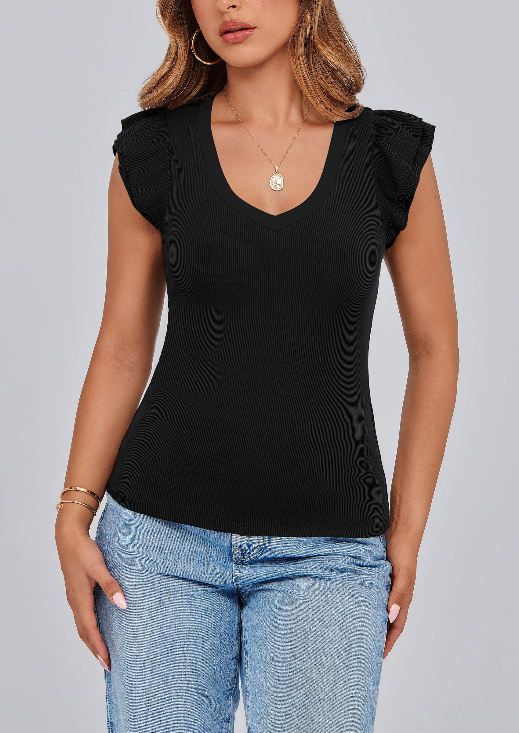 PRETTYGARDEN Womens V Neck Summer Tops Ruffle Sleeveless Slim Fit T Shirts Going Out Casual Blouses