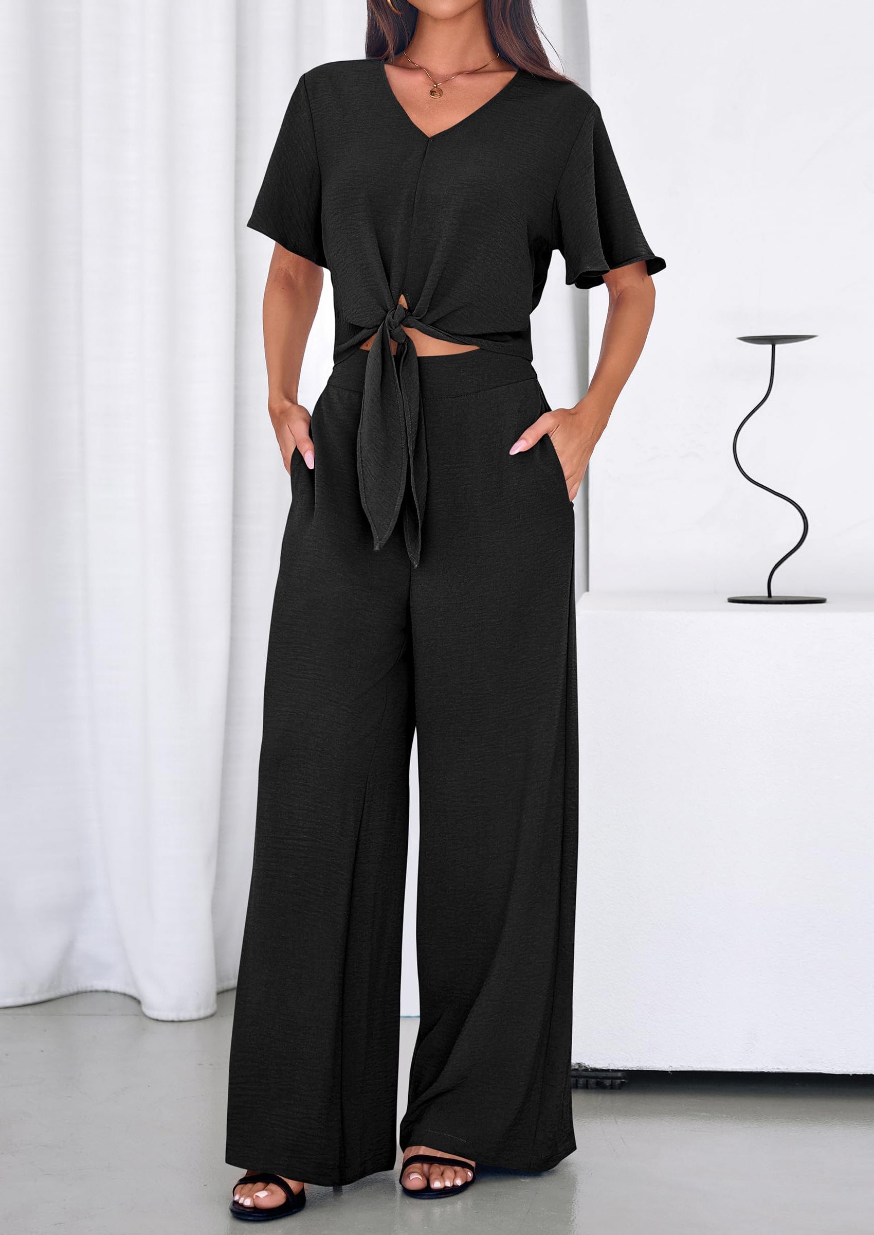 PRETTYGARDEN Women 2 Piece Summer Outfits Short Sleeve Strappy Top Wide Leg Pants Tracksuit Lounge Sets Beach Clothes PRETTYGARDEN