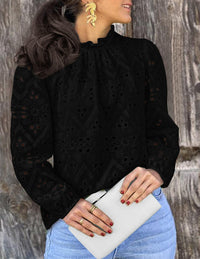 Womens Blouses Dressy Casual Embroidered Long Puff Sleeve Shirts Ruffle Eyelet Lace Top Fall Clothes