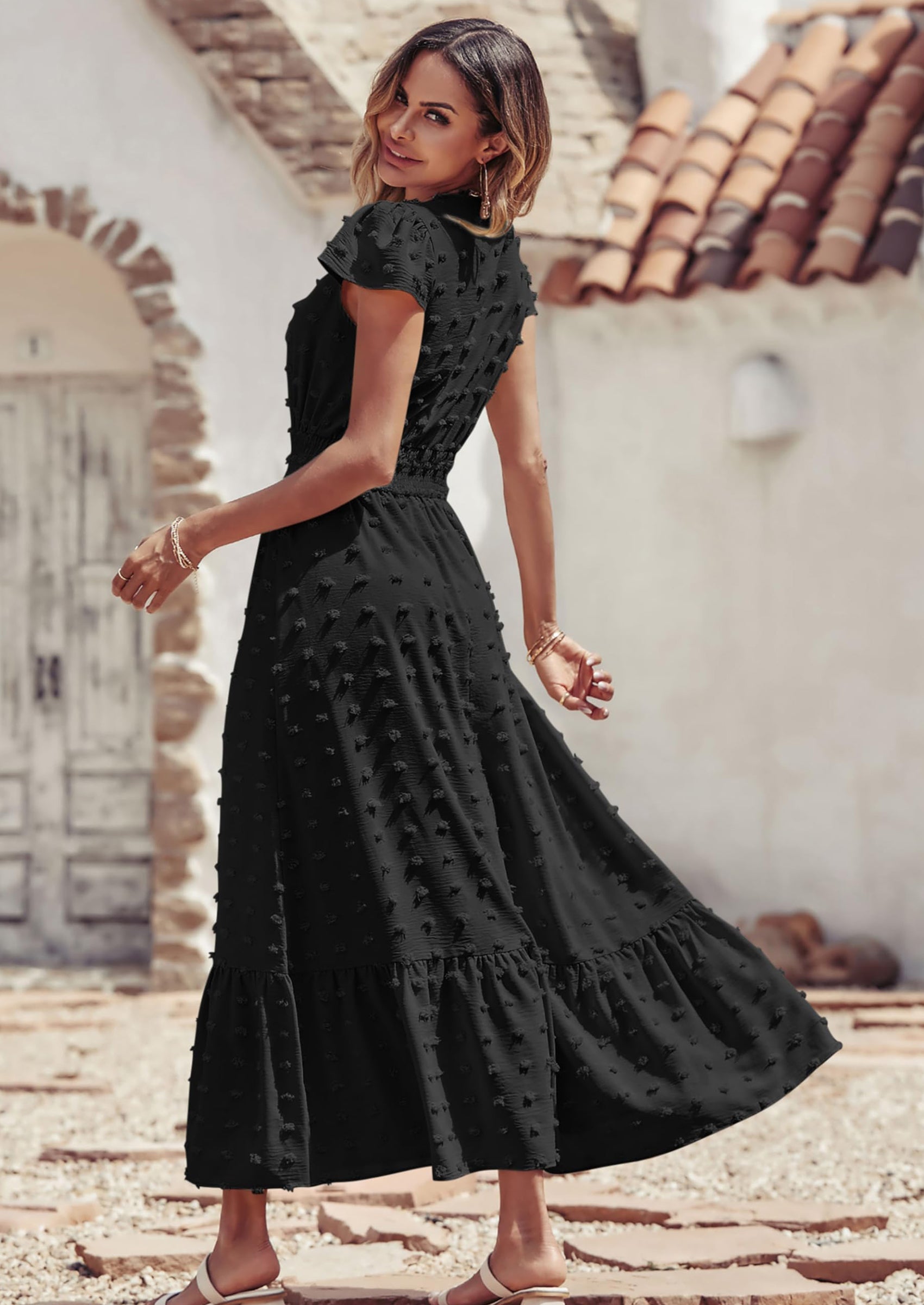 PRETTYGARDEN Womens Dresses Summer Maxi Dress Boho Short Sleeve V Neck Swiss Dot Ruffle Tiered Smocked Flowy Long Dress PRETTYGARDEN