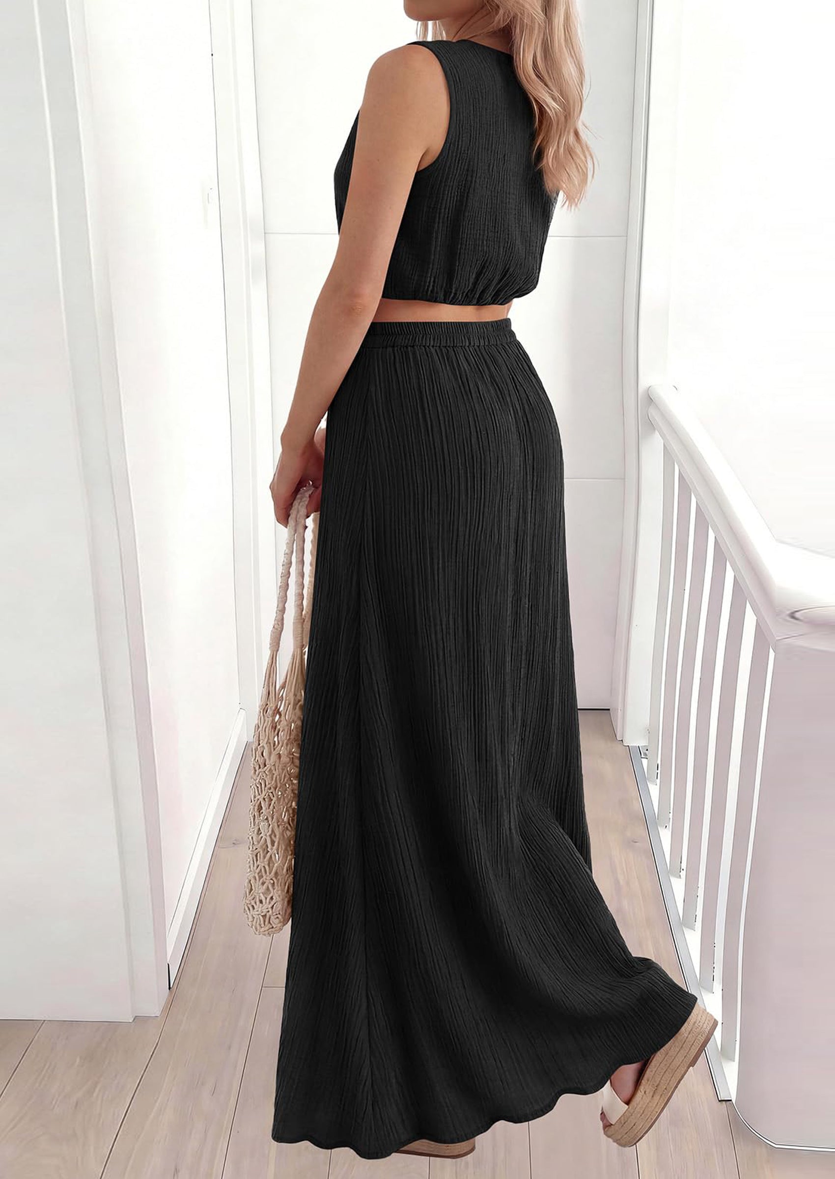 PRETTYGARDEN 2 Piece Sets for Women Summer Outfits Fashion Cotton Sleeveless Crop Top Long Maxi Skirt Set with Pockets