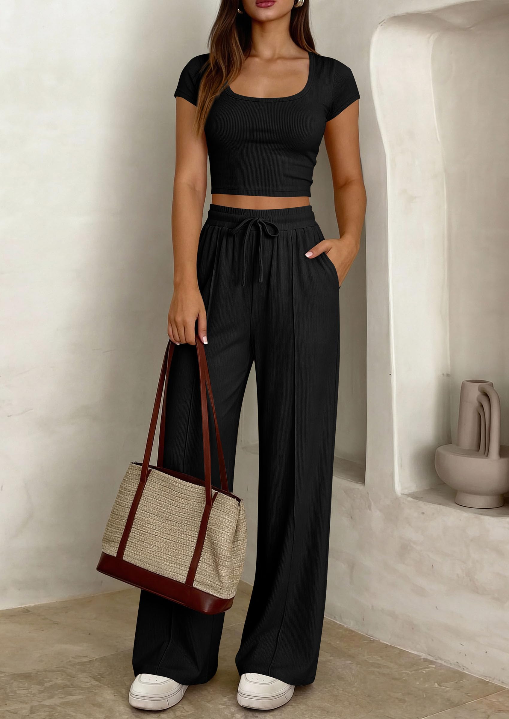 PRETTYGARDEN Women's 2 Piece Matching Lounge Sets Ribbed Short Sleeve Crop Tops Wide Leg Pants Summer Airport Outfits PRETTYGARDEN