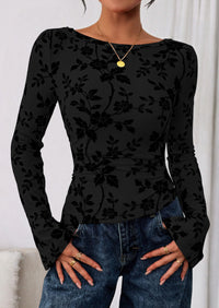 PRETTYGARDEN Women Long Sleeve Floral Mesh Tops Blouse  Fall Trendy Boat Neck Ruched Fitted Shirt Going Out Date Outfits